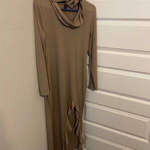 Glamour asymmetrical neck ruffle trim slit dress